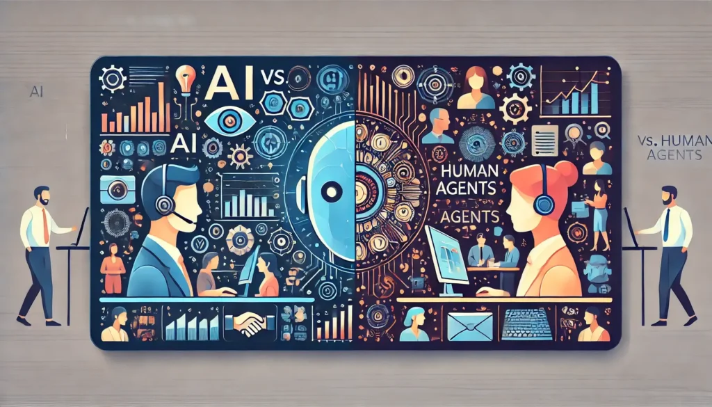 AI vs human agents balance scale illustration showing the optimal mix of artificial intelligence and human customer service representatives